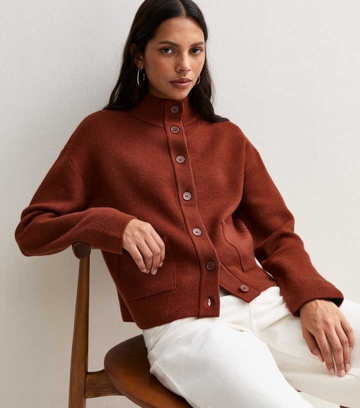 Rust Knitted Front Patch Pocket Cardigan