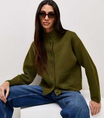 Dark Khaki Knitted Patch Pocket Bomber Cardigan
