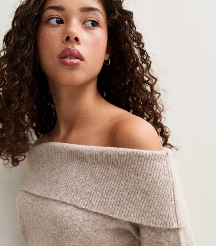 Girls Oatmeal Relaxed Bardot Neck Jumper