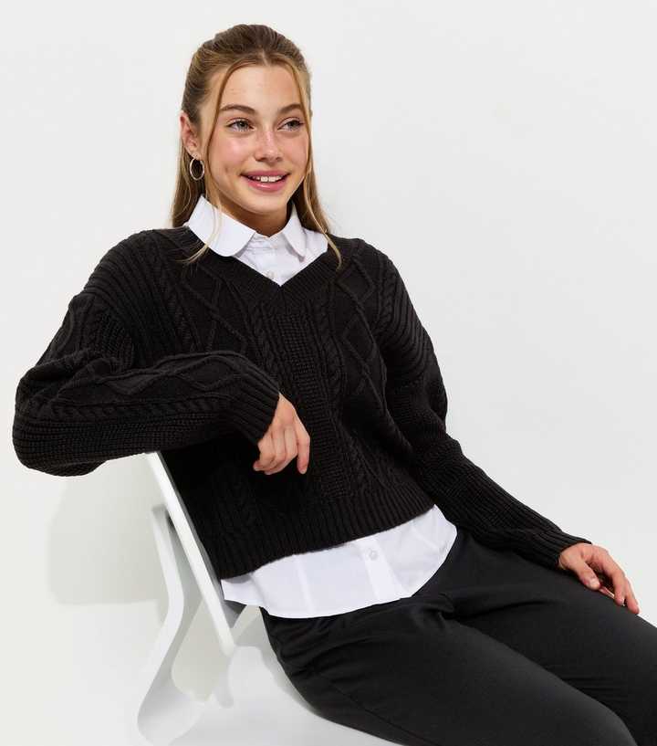 Girls Black V-Neck Cable Knit Jumper