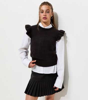 Girls Black Knitted Frill Sleeve Vest Top