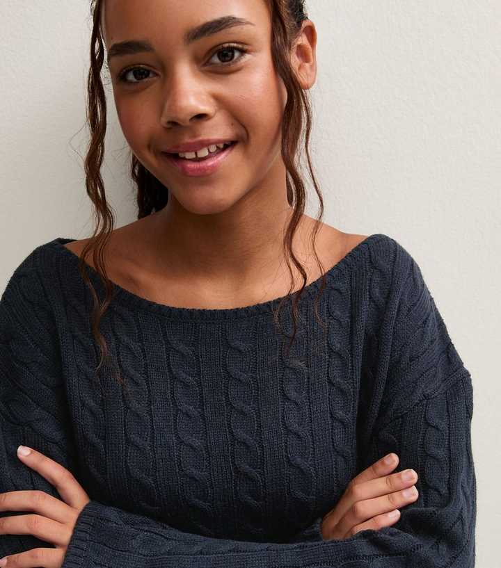 Girls Navy Micro Cable Knit Slash Neck Jumper