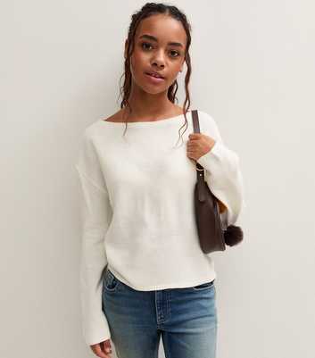 Girls Off White Knitted Slash Neck Jumper