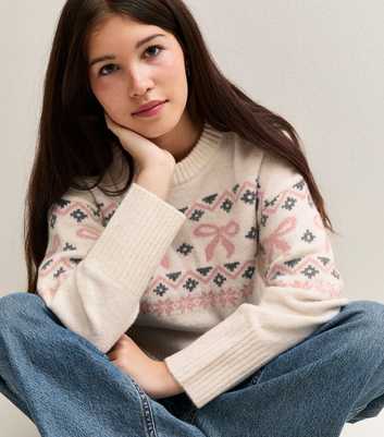 Girls White Bow Fair Isle Knitted Jumper