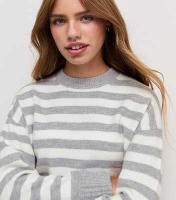 Girls Grey Striped Crew Neck Jumper