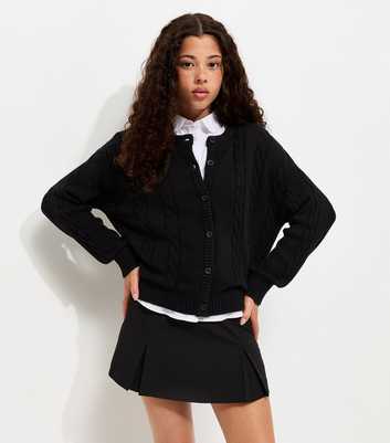 Girls Black Cable Knit Crew Neck School Cardigan