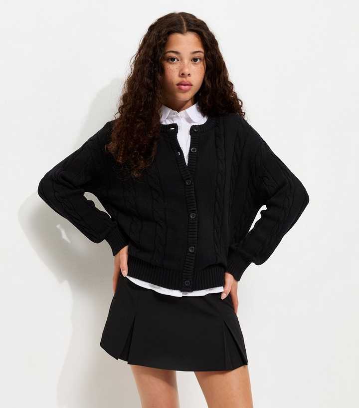 Girls Black Cable Knit Crew Neck Cardigan