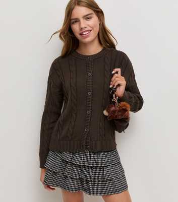 Girls Dark Brown Cable Knit Crew Neck Cardigan