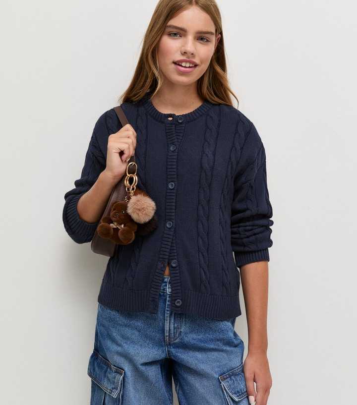 Girls Navy Cable Knit Crew Neck Cardigan