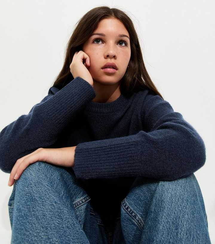 Girls Navy Knitted Long Sleeve Jumper