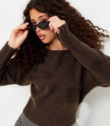 Girls Dark Brown Slash Neck Knitted Jumper