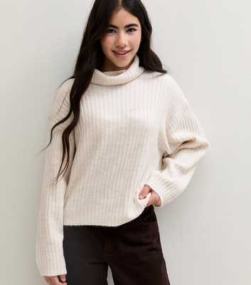 Girls Off White Ribbed Roll Neck Jumper
