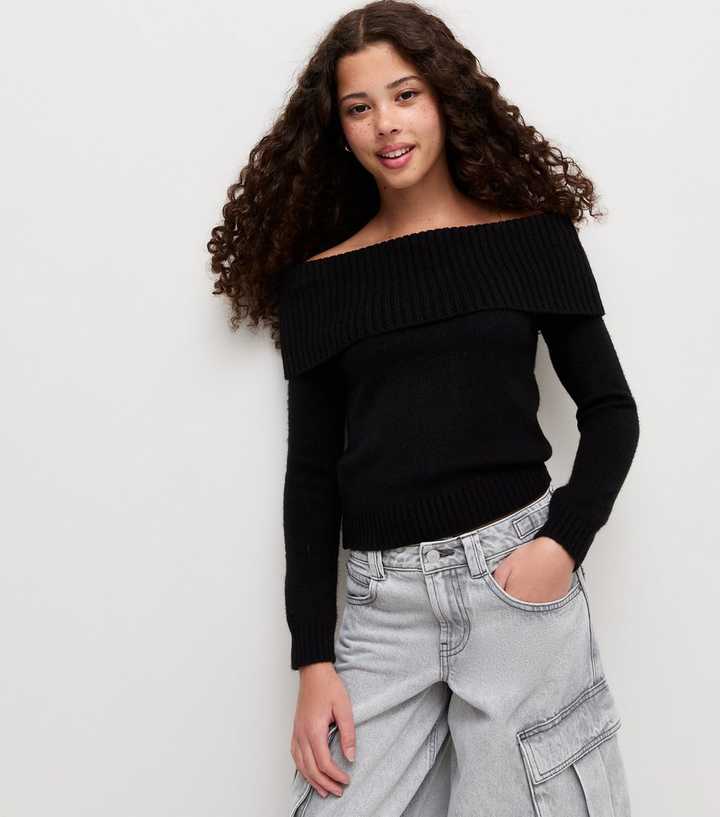 Girls Black Rib Knit Fold Over Bardot Neck Jumper