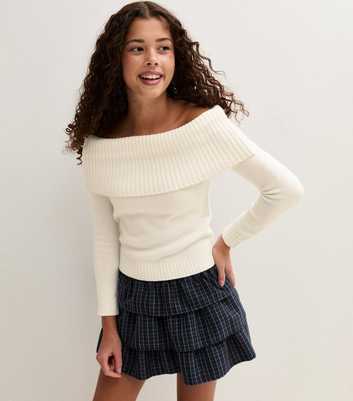 Girls Off White Rib Knit Fold Over Bardot Neck Jumper