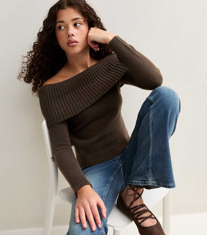 Girls Dark Brown Rib Knit Fold Over Bardot Neck Jumper