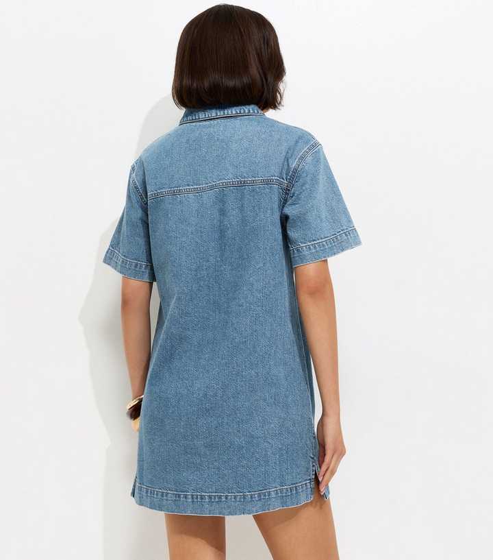 Blue Denim Short Sleeve Tunic Dress | New Look Blue Denim Short Sleeve Tunic Dress | New Look