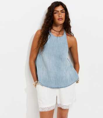 Light Blue Cotton Lightweight Halter Neck Top