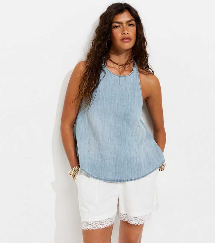 Light Blue Cotton Lightweight Halter Neck Top