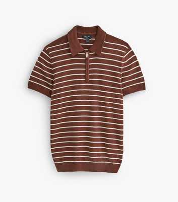 Brown Cotton Rich Regular Fit Striped Zip Polo Shirt