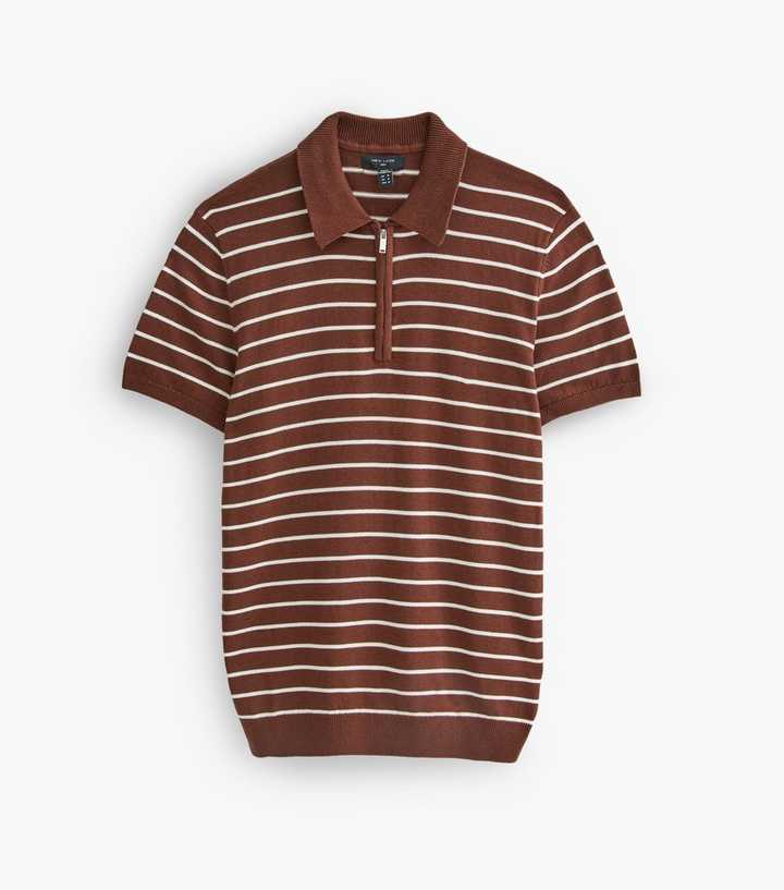 Brown Cotton Rich Regular Fit Striped Zip Polo Shirt