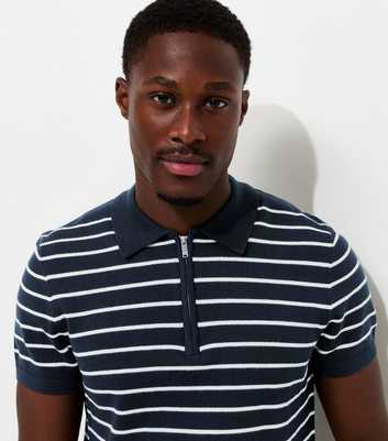 Blue Cotton Rich Regular Fit Striped Zip Polo Shirt