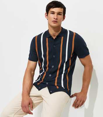 Blue Cotton Rich Short Sleeve Stripe Button Through Polo Top