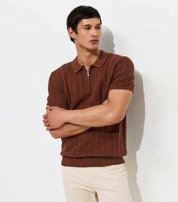 Dark Brown Cotton Rich Regular Fit Vertical Texture Zip Polo Shirt