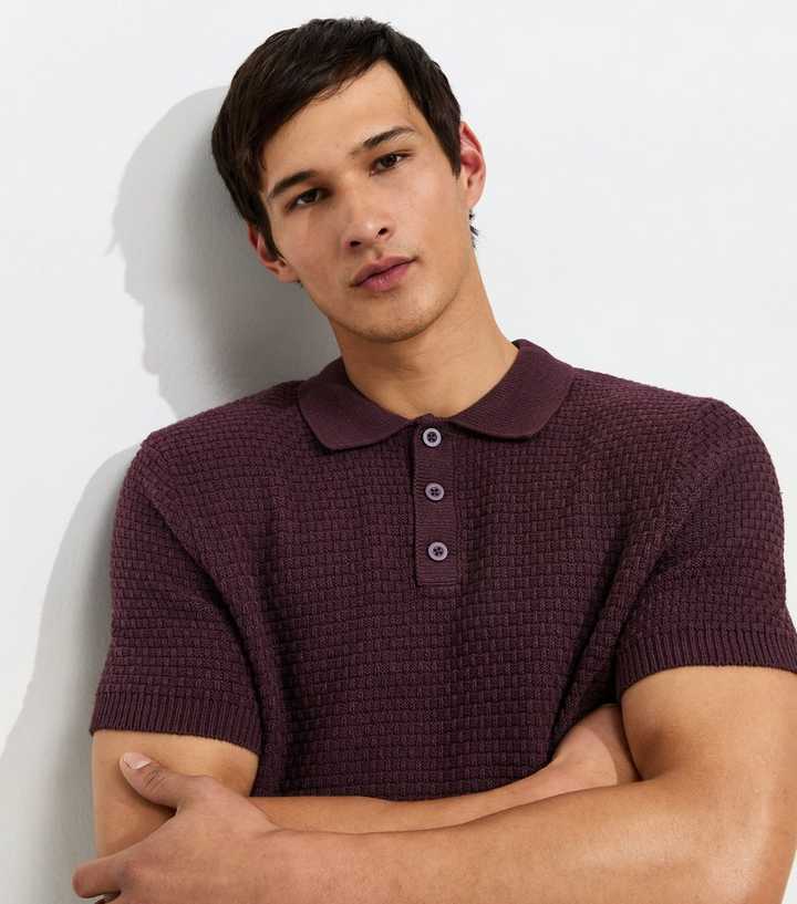 Dark Purple Cotton Rich Basket Knit Buttoned Polo Shirt