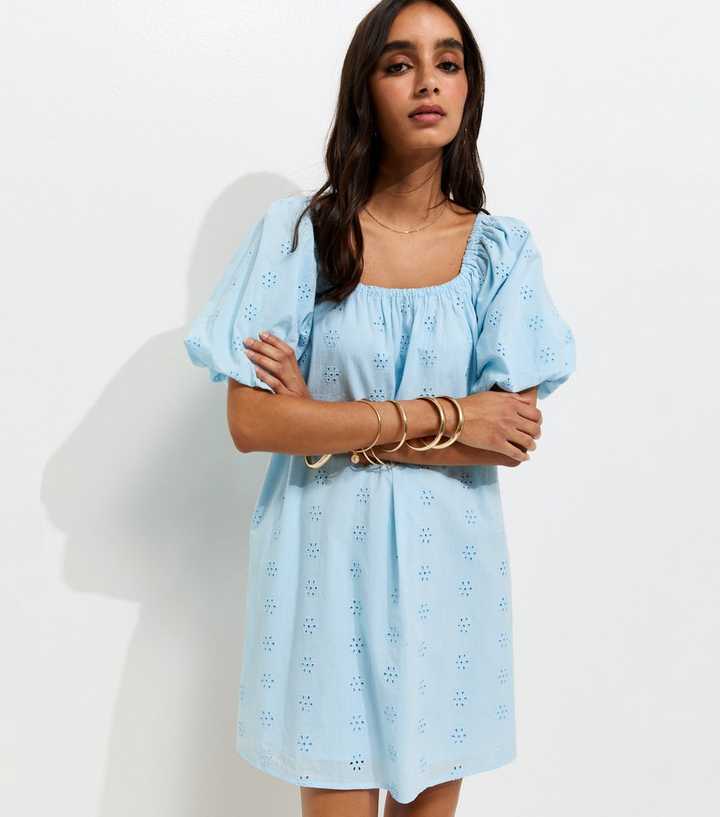 Light Blue Cotton Puff Sleeve Smock Mini Dress