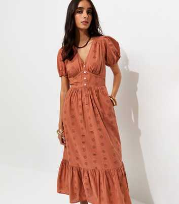 Rust Cotton Broderie Anglaise Puff Sleeve Midi Dress