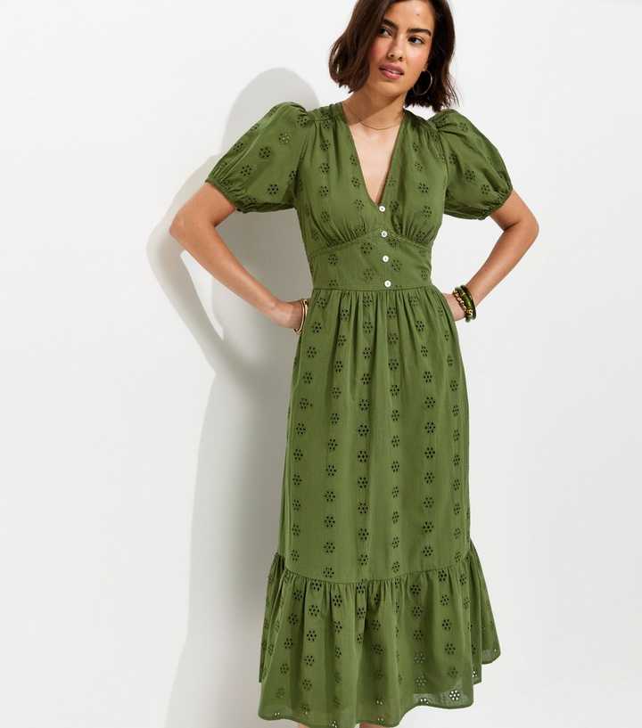 Dark Khaki Cotton Broderie Anglaise Puff Sleeve Midi Dress