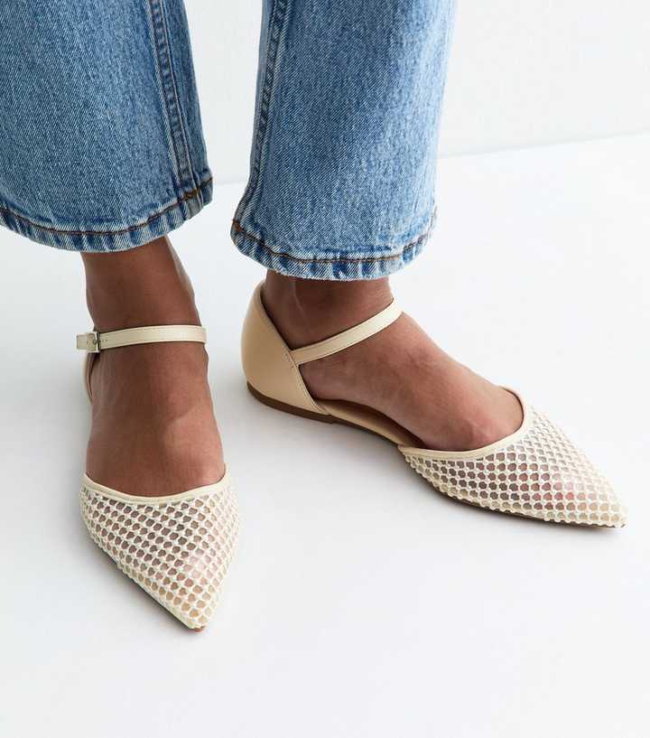 Cream Beaded Mesh Pointed Toe Flats