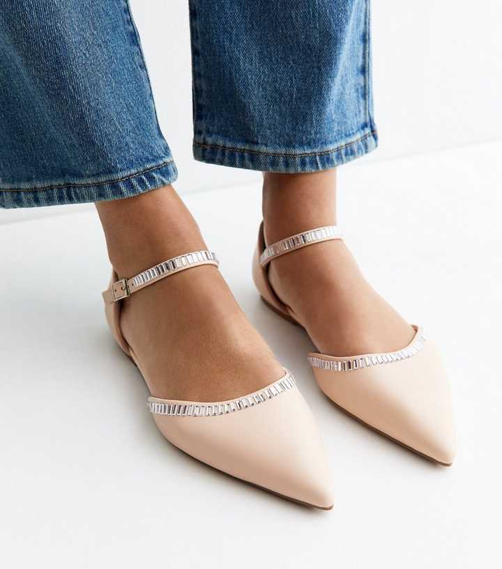Cream Faux Leather Embellished Flats