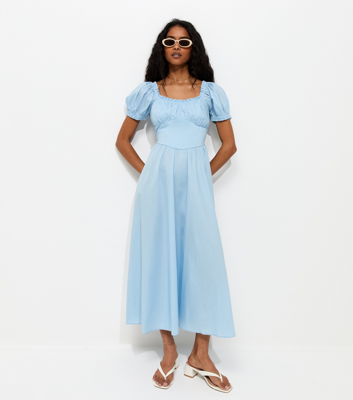 Women's Light Blue Lace Trim Milkmaid Midi Dress New Look