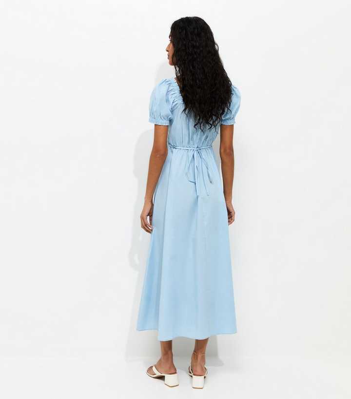 Light Blue Lace Trim Milkmaid Midi Dress