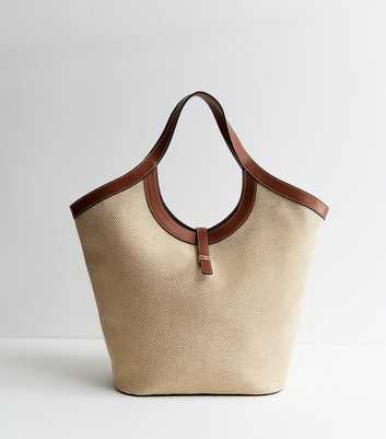 Stone Canvas Faux-Leather Trim Tote Bag