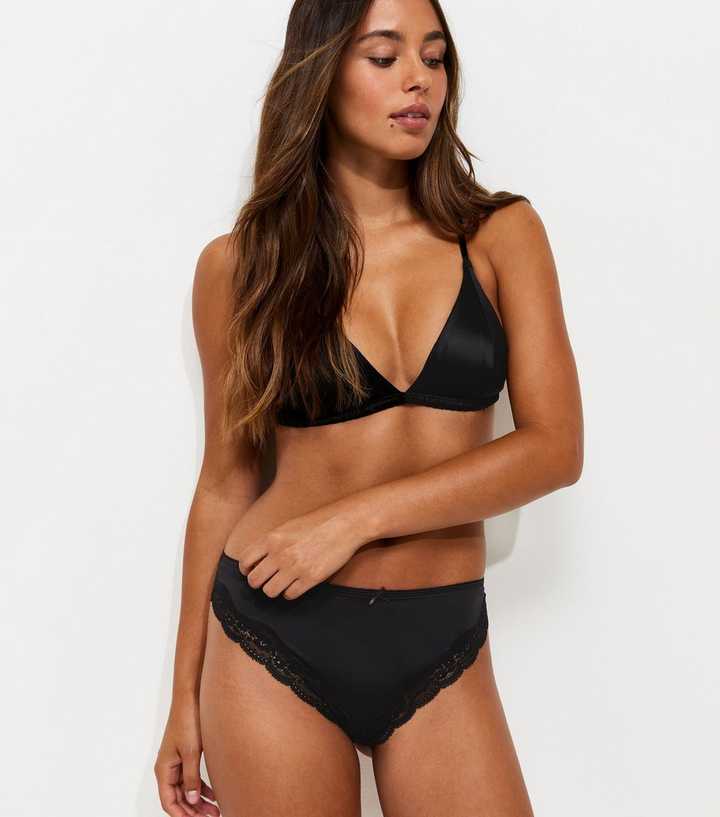 Black Satin Look Micro Lace Thong