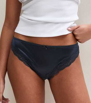 Navy Satin Look Micro Lace Thong