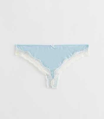 Light Blue Satin Look Micro Lace Thong