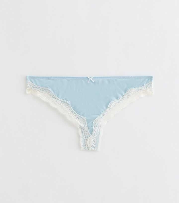 Light Blue Satin Look Micro Lace Thong