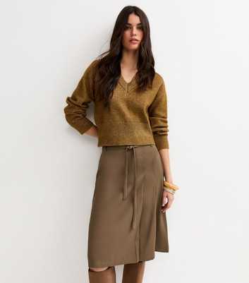Khaki Tailored Wrap Midi Skirt