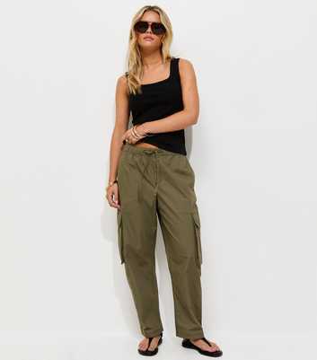 Petite Dark Khaki Cotton Utility Cargo Trousers