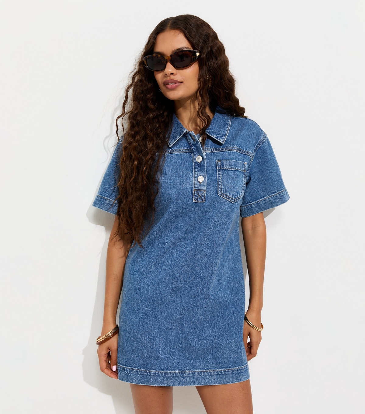 Women's Petite Blue Cotton Short Sleeve Denim Tunic Mini Dress New Look