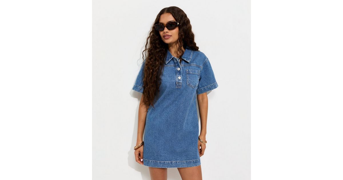 Petite Blue Cotton Short Sleeve Denim Tunic Mini Dress
