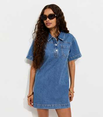 Petite Blue Cotton Short Sleeve Denim Tunic Mini Dress