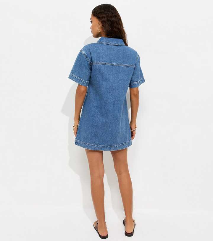 Petite Blue Cotton Short Sleeve Denim Tunic Mini Dress