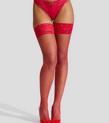 Ann Summers Red Lace Top Fishnet Hold Up Tights