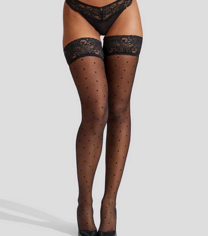Ann Summers Black Lace Top Polka Dot Hold Up Tights