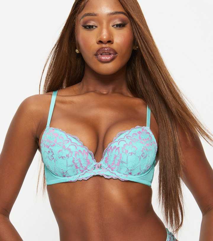 Ann Summers Teal and Pink Lace Padded Plunge Bra