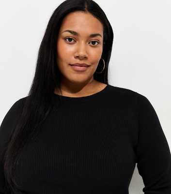 Curves Black Lightweight Ribbed Knit Crew Neck Jumper
